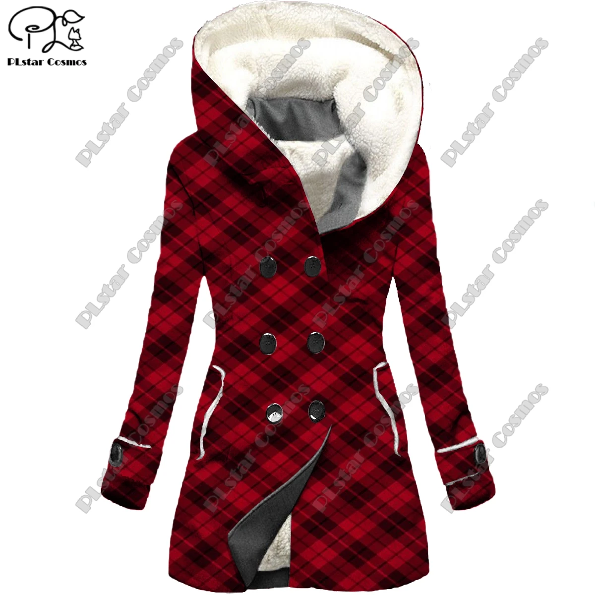 Stampa 3D retro plaid print cerniera con cappuccio giacca da donna calda serie regalo casual invernale nuovo