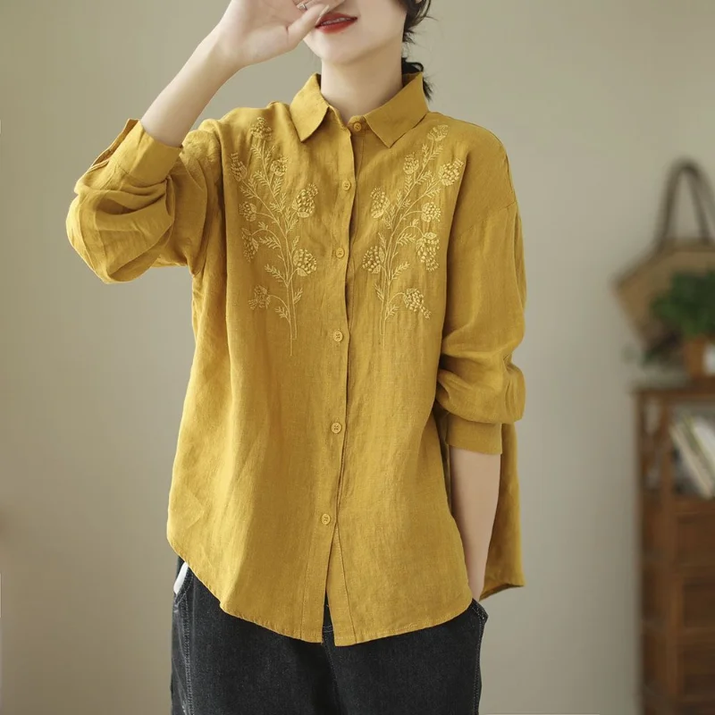 2023 Spring/Summer New Vintage Embroidery Turn-down Collar Indie Folk Loose and Slim Long Sleeve Linen Leisure Female Shirt