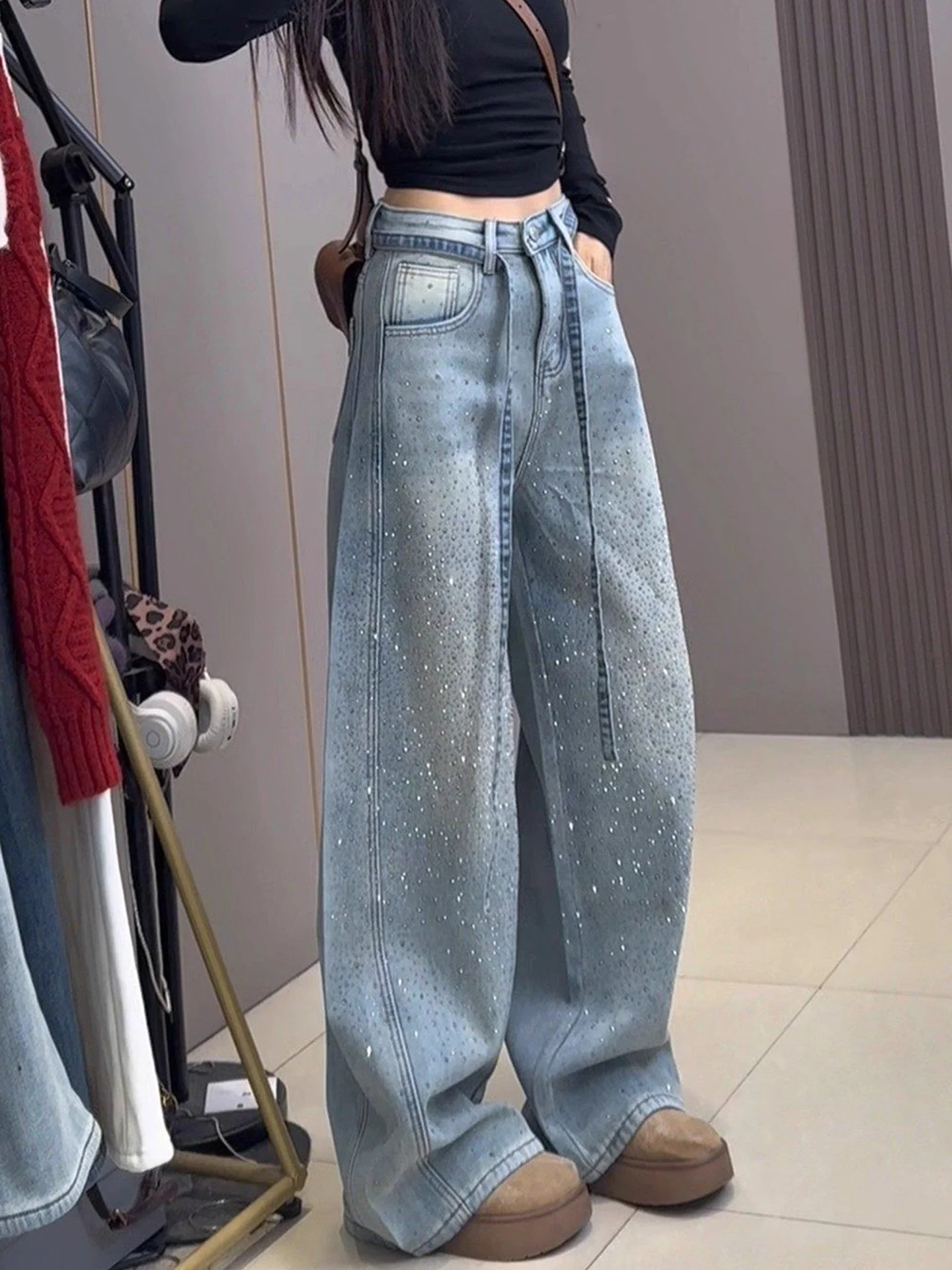 

High Waist Straight Leg Blue Jeans Women's plus Size Wide Leg Floor Length Diamond Embellished Casual Comfortable Fit Jeans