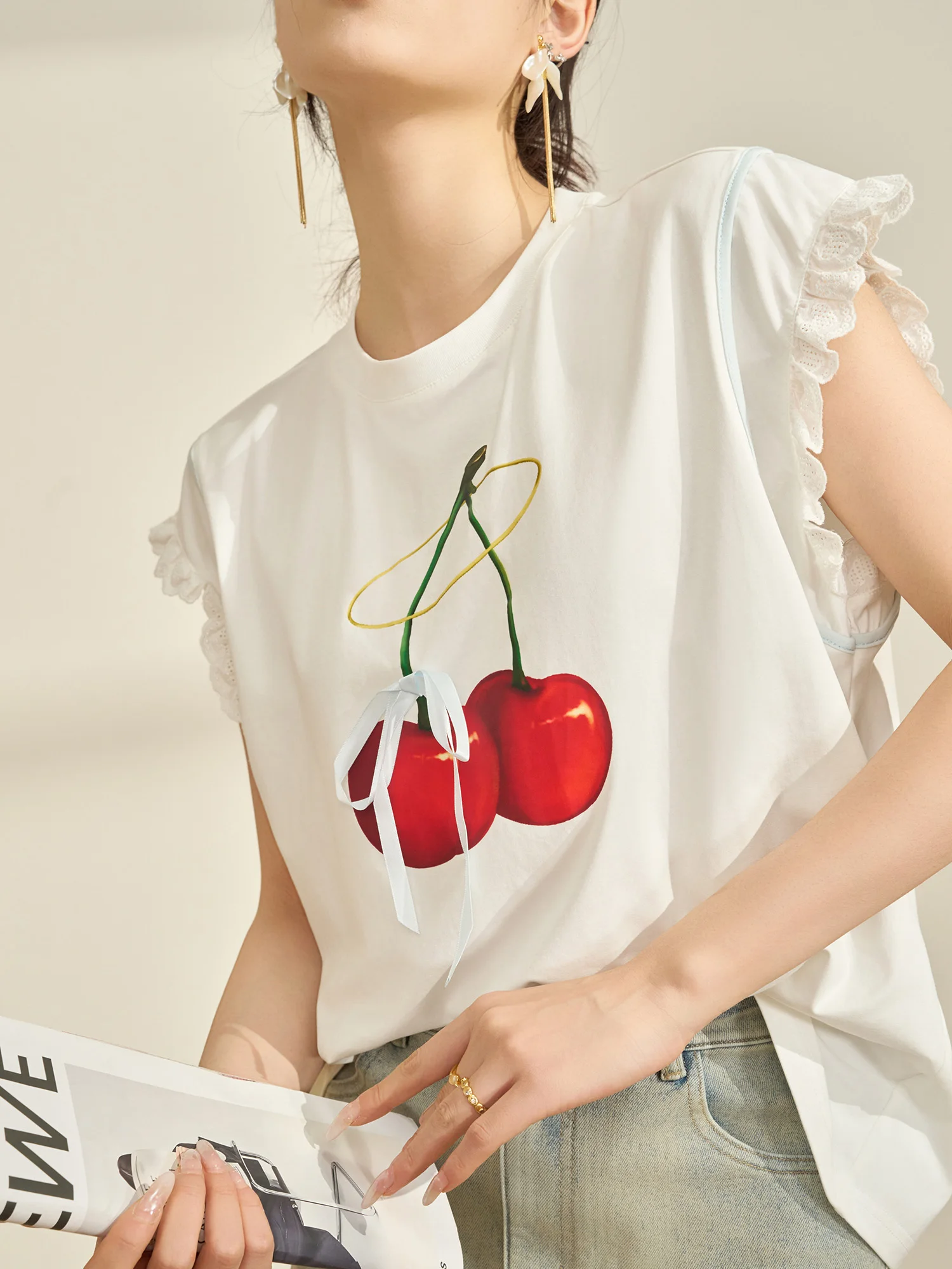 

Женская футболка Flowing Era Initial Spring Beautiful Small Top в корейском стиле с принтом белой вишни и узлом, с коротким рукавом