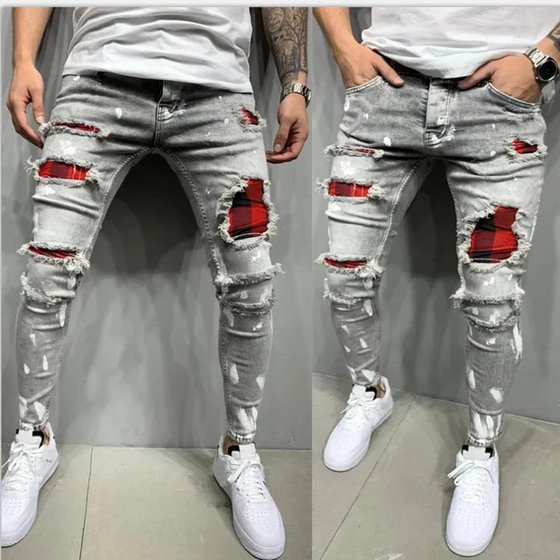 Men Biker Slim Elastic Denim Cargo Pants Joggers High Quality Hole European and American Fashion Streetwear Ripped Skinny Jeans