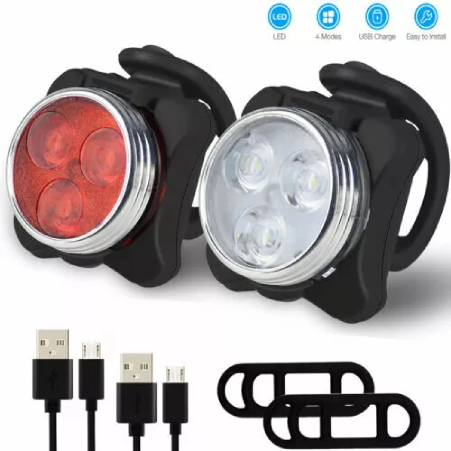 2 juegos de faros LED recargables por USB para bicicleta, lámpara delantera y trasera para bicicleta, luz para ciclismo