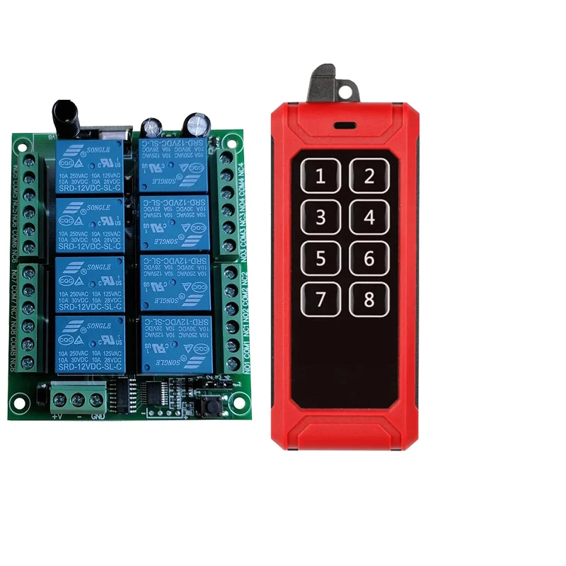 433MHZ DC 12V 24V 8CH RF Interruttore di telecomando senza fili Sistema di controllo remoto Ricevitore Trasmettitore industriale Relè 8CH