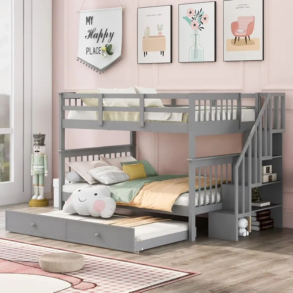 

Over Full Bunk Bed with Stairs and Trundle, Wooden Bunk Bed Frame with Storage, for Kids Teens Adults