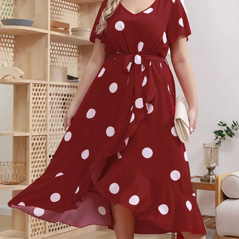 

Polka Dot Simple Plus Size Dress Fashion Elastic Waist Print Temperament Skirt Women V Neck Tie Waist Floor Length Skirt 4XL