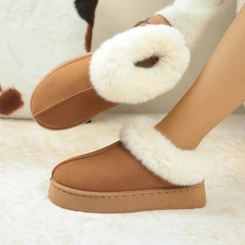 Warme Winter-Schneestiefel aus verdicktem Pelzleder, bequem, dicker Boden, große Stiefeletten für Damen, runde Zehen-Stiefeletten