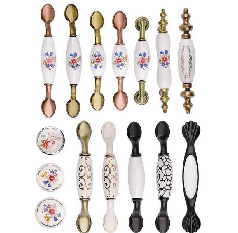 Retro Ceramic Door Handles Chinese style European Antique Furniture Handles Drawer Pulls Kitchen Cabinet Knobs and Handle