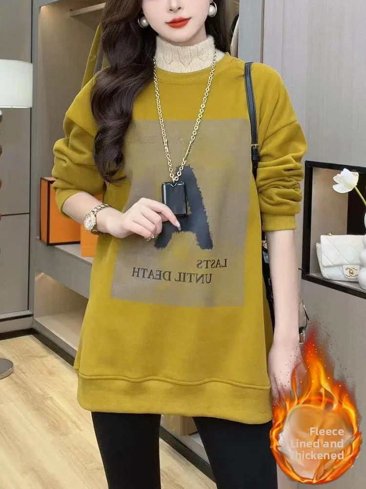 Ladies' Fce Lined Thiened round Ne Sweatirt Mid-Length Korean Sle Commute Wind Winter New Arrival Faionable Top