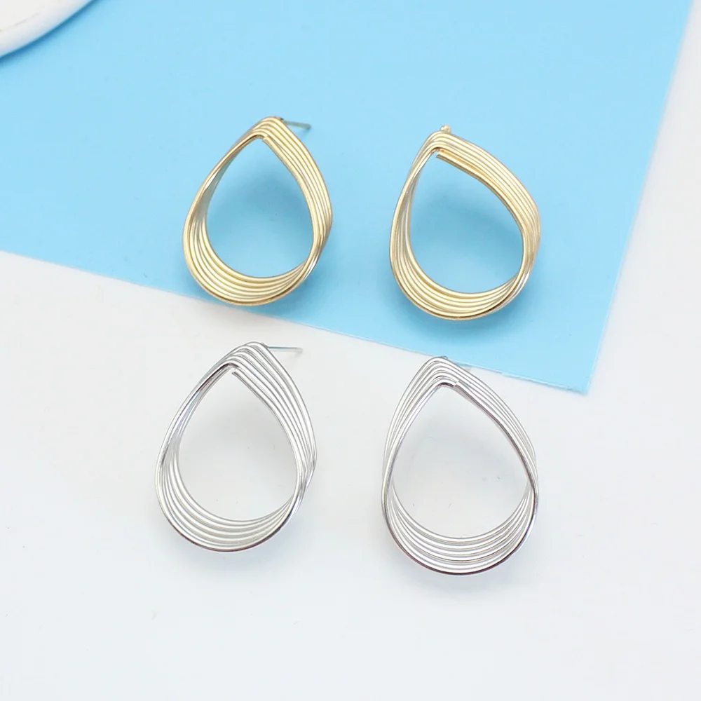 Big Water Droplet Multilayer Metal Hollow Geometry Stud Earring for Women Temperament Gold Color Line Coil Jewelry Girl Gift