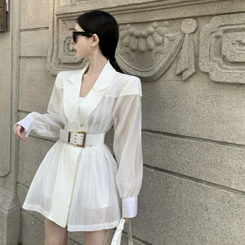 Blazers Women with Belt Defined Chic Slim Thin Breathable Summer Sexy Solid Korean Fashion Clothing Notched Overcoats Harajuku