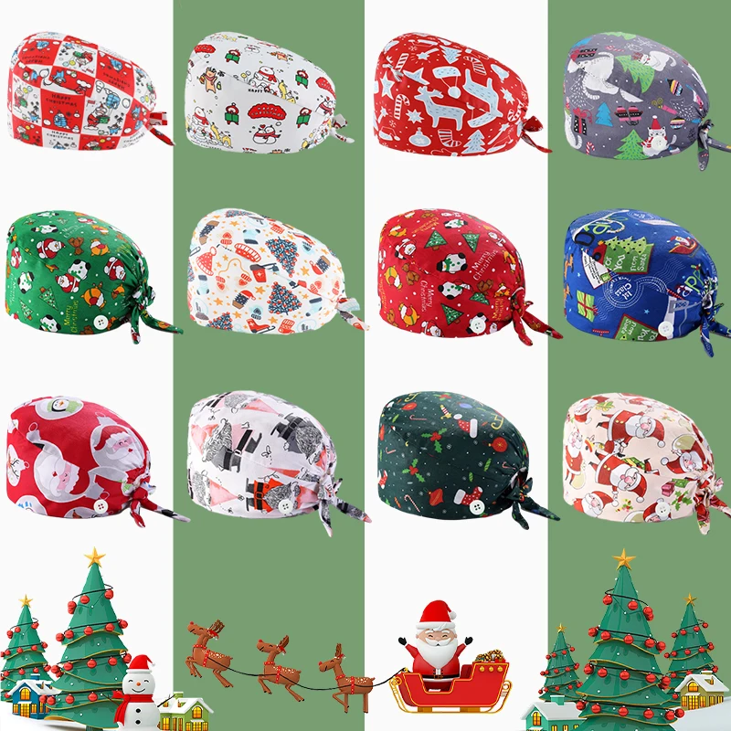 Christmas Women Nurse Scrub Caps Surgical Cap Adjustable Medical Hat 100%Cotton Breathable Dentist Hats