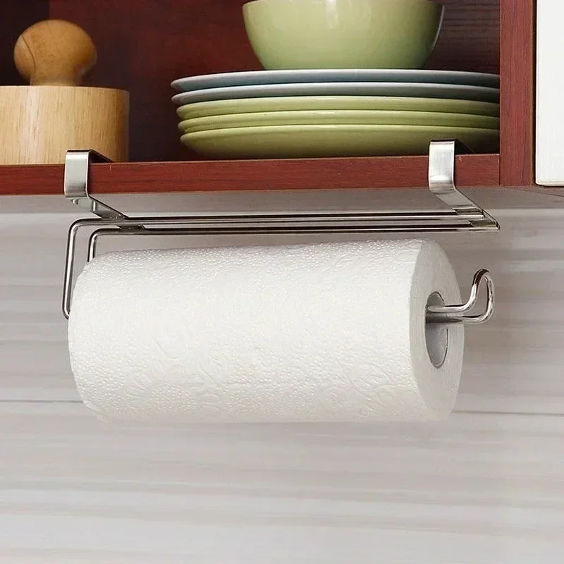 Paper Roll Towel Holder Stainless Steel Racks Under Drawer Cabinet Door Back Hanging Hook Holder Kitchen Bathroom Gadget