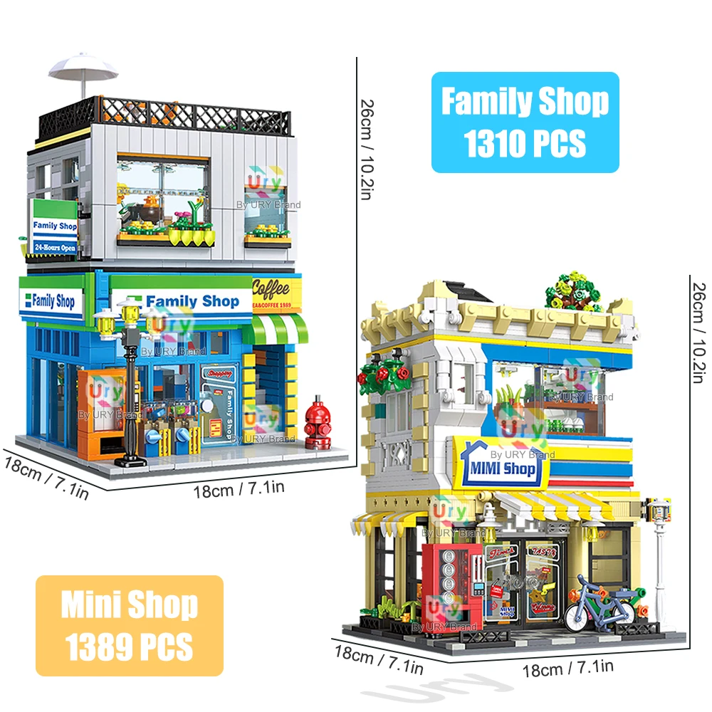 City Street View Modular Minimart Family Shop Store House with LED Light MOC Architecture Building Block Sets Toys for Kids