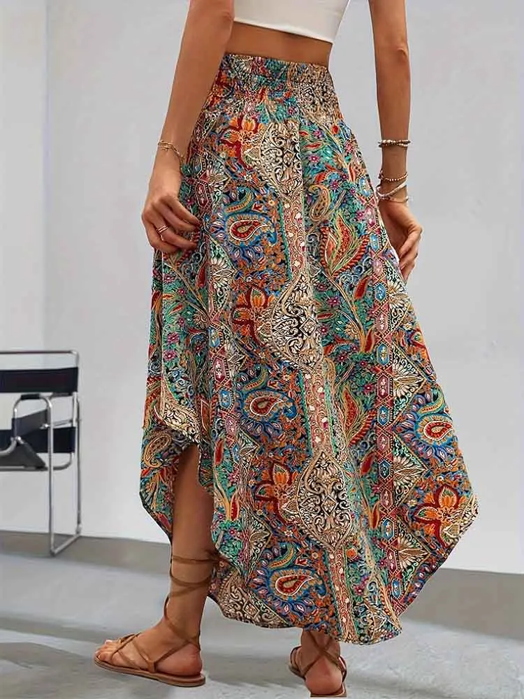 Europe and the United States fashion women's exotic wind pull rope with high waist half printed long skirt summer girl