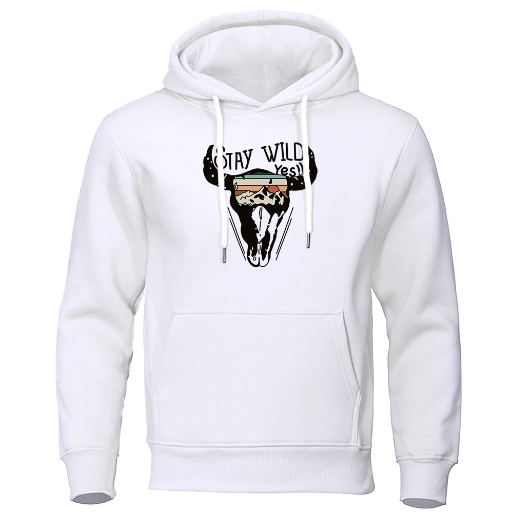 Stay Wild Western World Bison Print Mens Hoodie Fashion O-Neck Hoodies Casual Pullover Streetwear Harajuku Fleece Man Hoody New