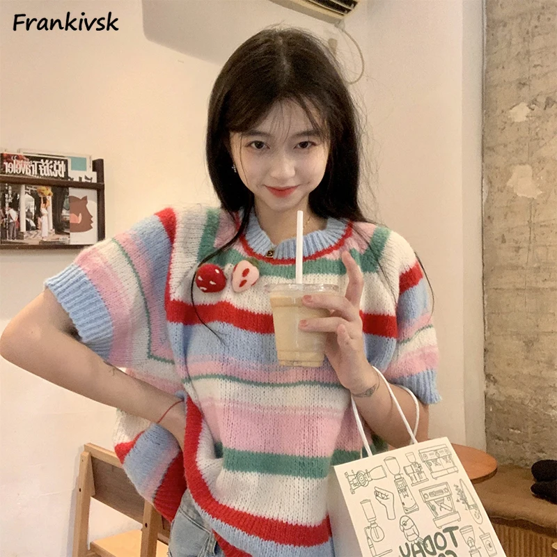 Striped Sweaters Women Cute Korean Style Sweet Three-dimensional Strawberry Half Sleeve All-match Casual Knitting Autumn College