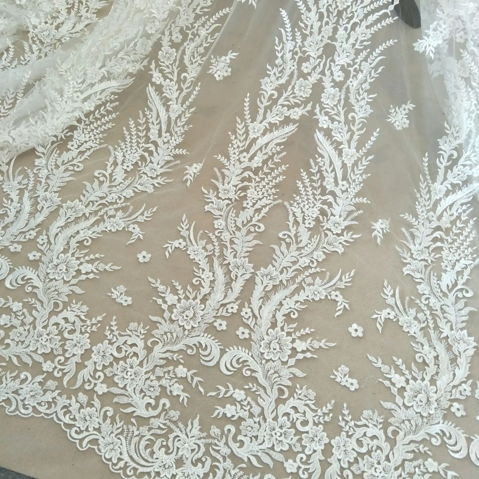 Fashion wedding gown dress lace sequins dress lace fabric 130cm width bridal lace sell by yard