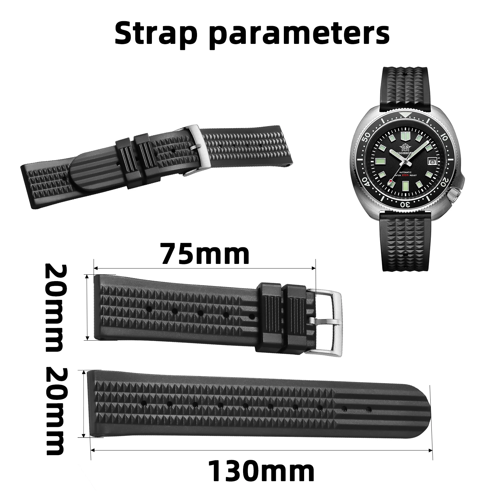 ADDIESDIVE Herren-Taucheruhrenarmband aus Gummi, 20 mm, schwarzes Waffelmuster, Uhrenarmband, Stahl-Dornschließe, Ersatzzubehör – Detail 1