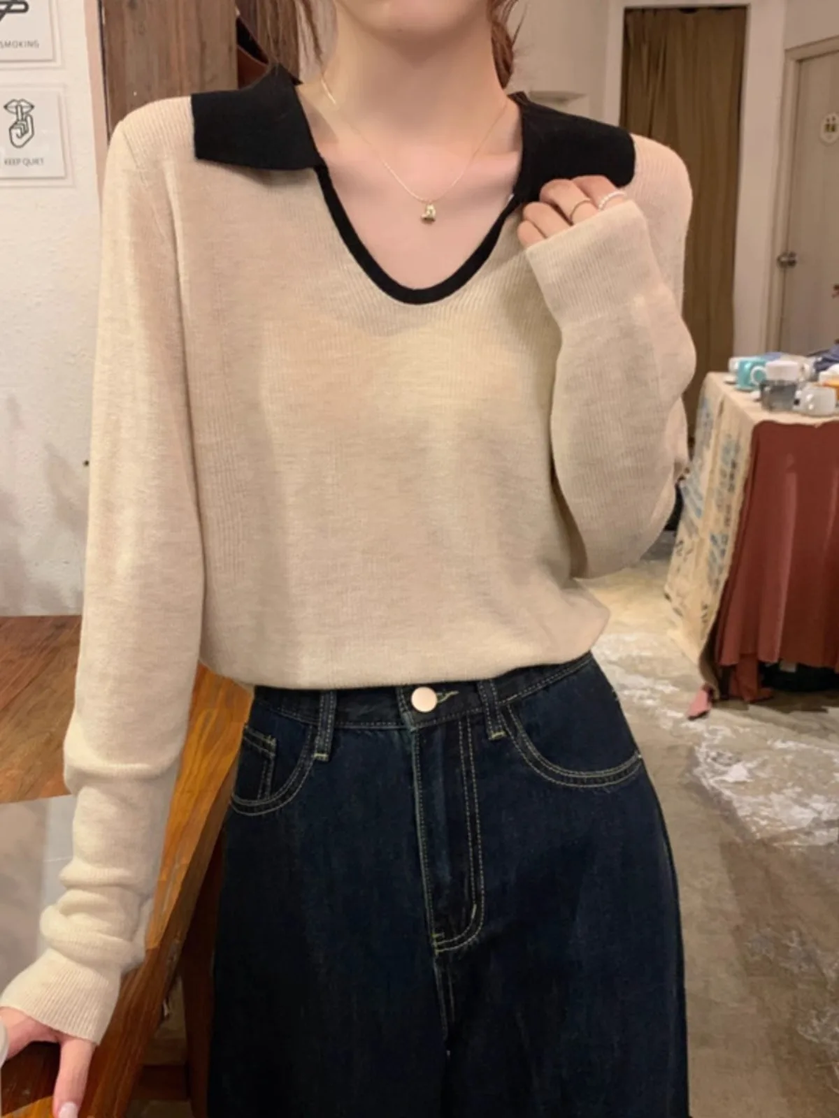 POLO collar cashmere sweater women\'s spring and autumn thin loose V-neck sweater contrast color wool base shirt