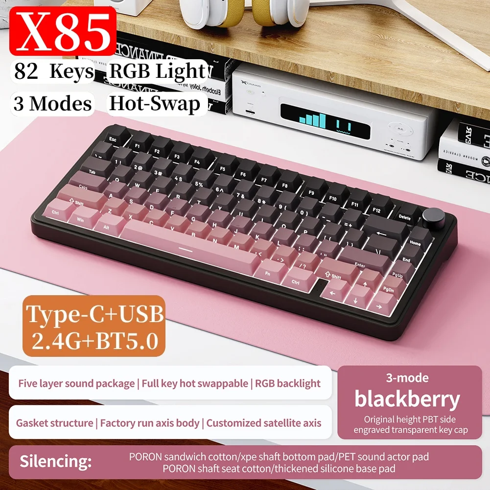 X85 Mechanical Keyboard 82 Key RGB Tri-Mode Hot-Swappable Keyboard Bluetooth-Compatible 2.4GHz Personalized Keypad for PC Laptop