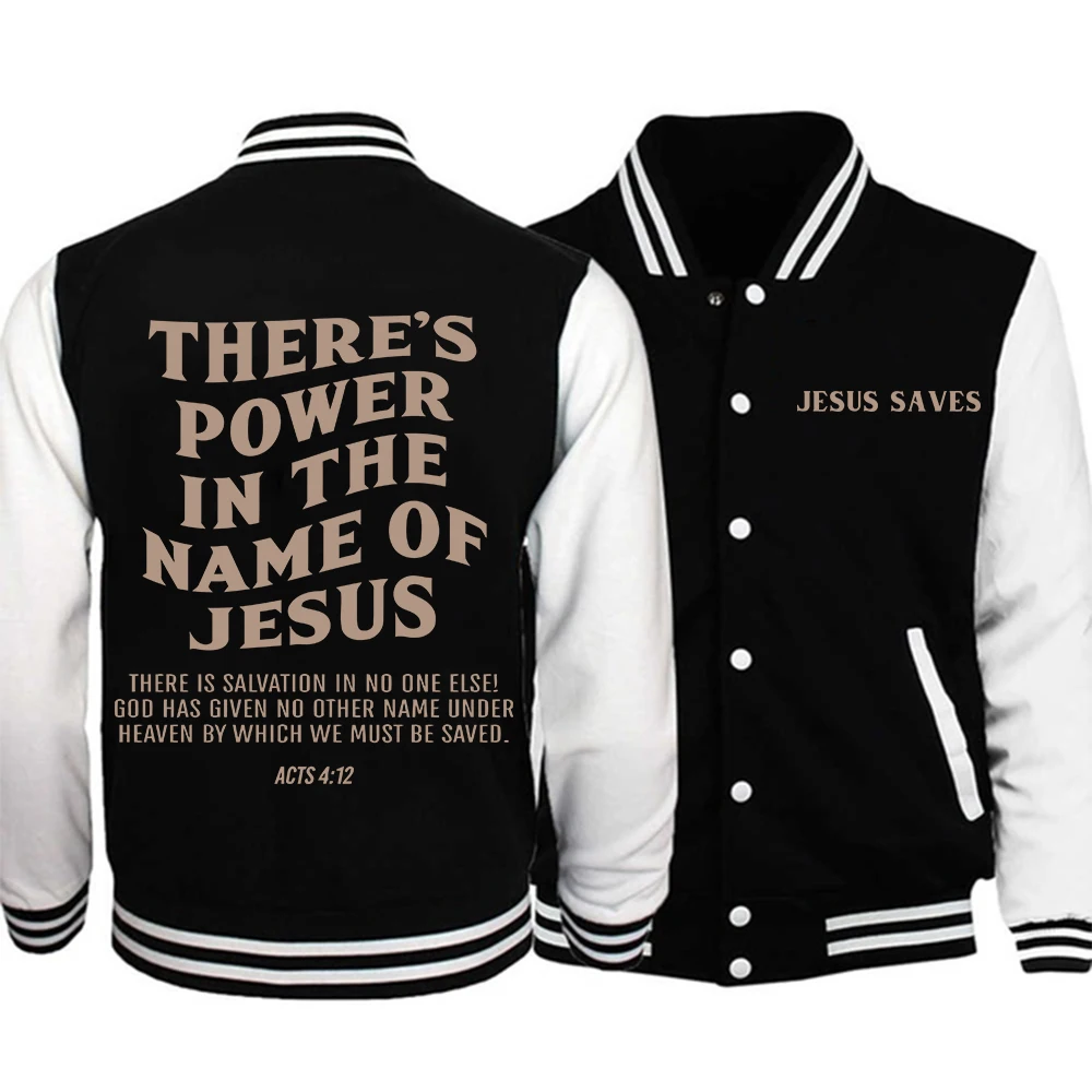 There's Power In The Name of Jesus Hoodie Baseball Uniform Jackets Men Women Jesus Saves Fashion Autumn Streetwear Coats