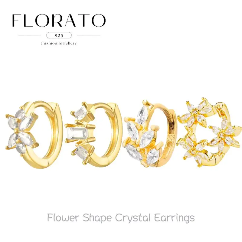 

925 Silver Needles Flower Shape Zircon Hoop Earrings For Women Luxurious White Crystal Zircon Ear Buttons Fashion Jewelry Gifts
