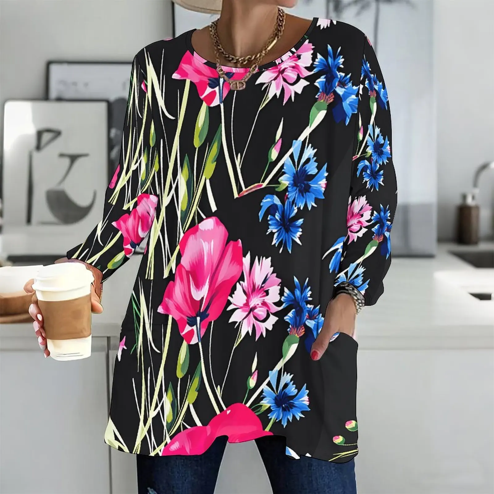 Printed Top for Women Round Neck Long Sleeve Front Pockets Loose Fit Longline 5
