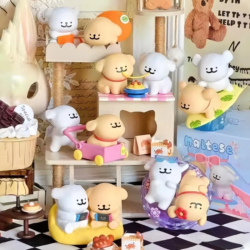 Boîte aveugle de la série maltais joyeuse Kawaii, poupées d'action de chien, jouet d'ornement de bureau pour Fans, cadeaux de noël et d'anniversaire pour enfants