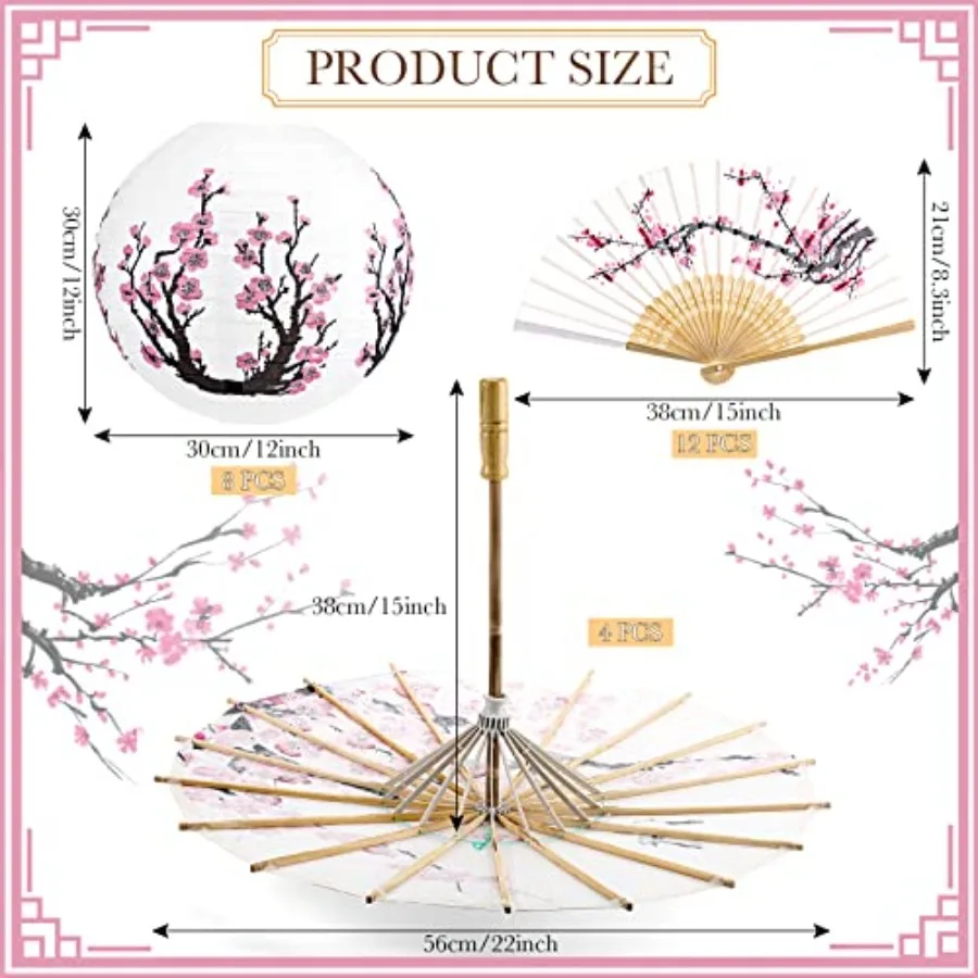Roowest 24 Pcs Cherry Japanese Blossom Decor Set Chinese New Year Decorations 4 Oiled Paper Umbrella 8 Japanese Paper Lanterns