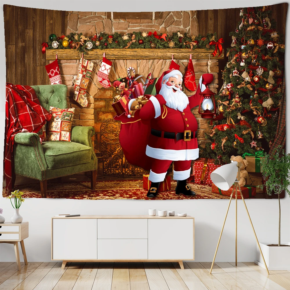 Christmas Tapestry Christmas Tree Santa Claus Tapestry Wall Hanging Fireplace Home Decoration Christmas Wall Cloth for Home