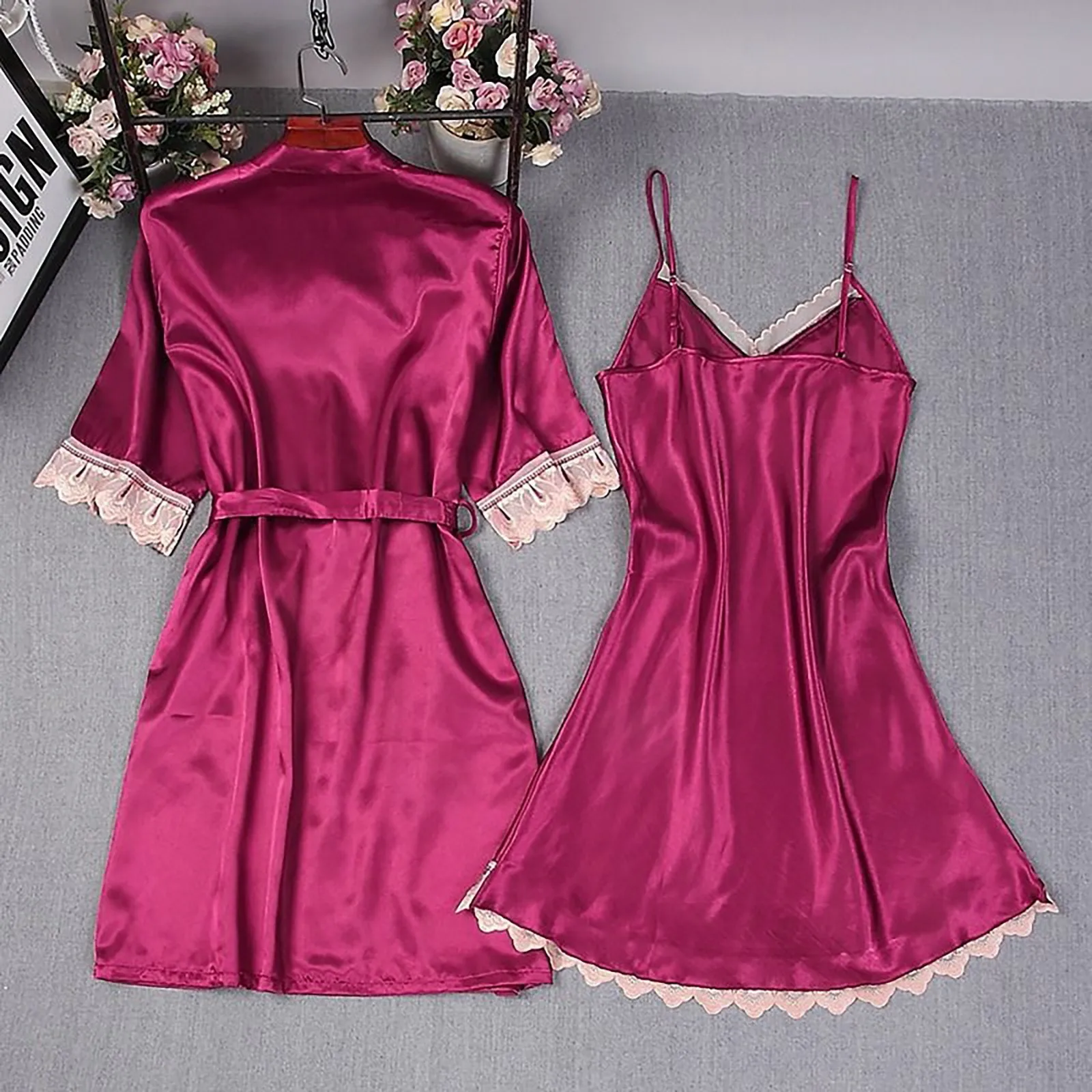 2-Piece Women Sexy Garter Lingerie Set Robes Lace Splicing Deep V-Neck Nightgown Elegant Fashion Solid Color Retro House Cloth