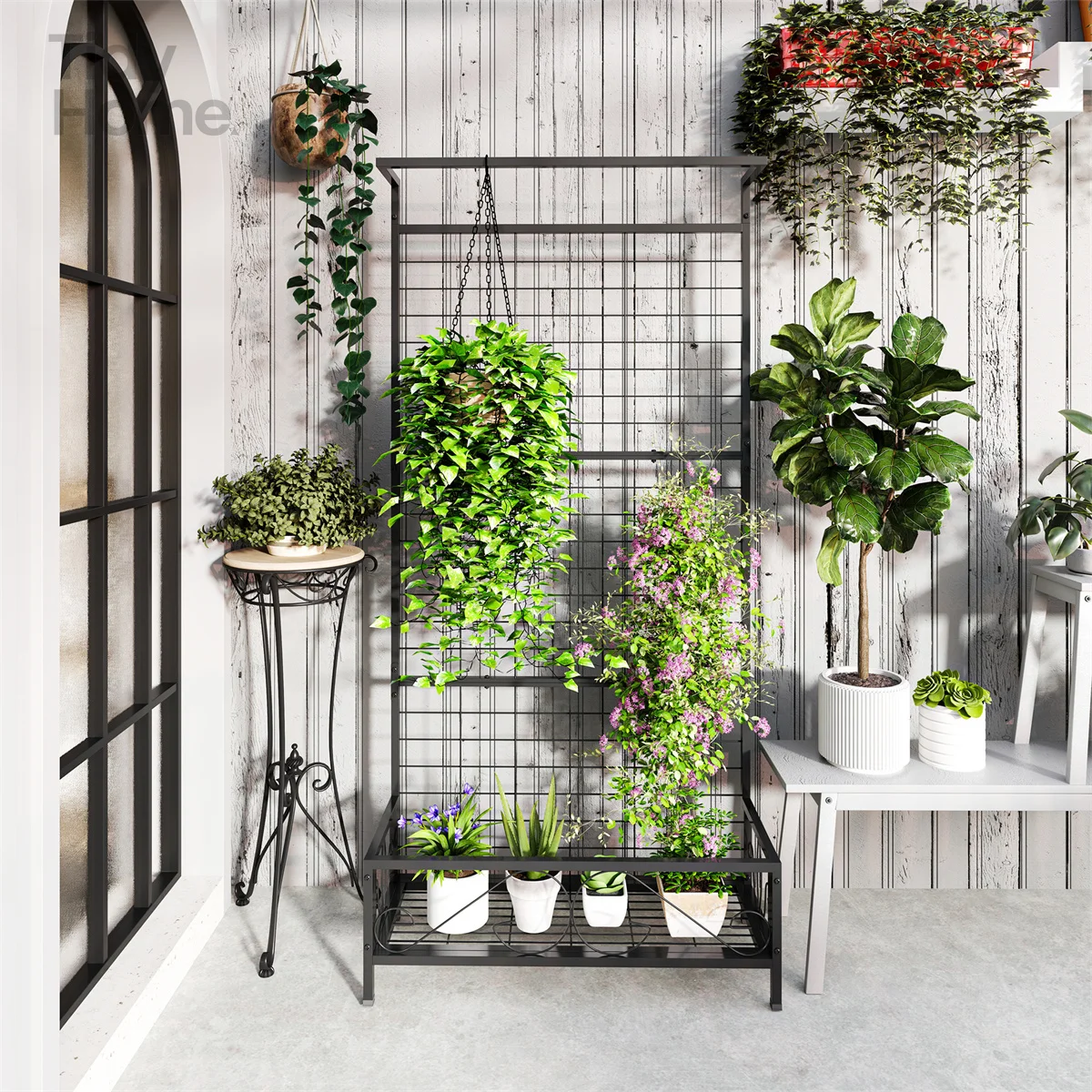 

Steel Plant Stand w/ Trellis, Pot Holder & Hanging Roof - Weatherproof Vertical Garden Decor for Climbing Plants, Flowers &Patio