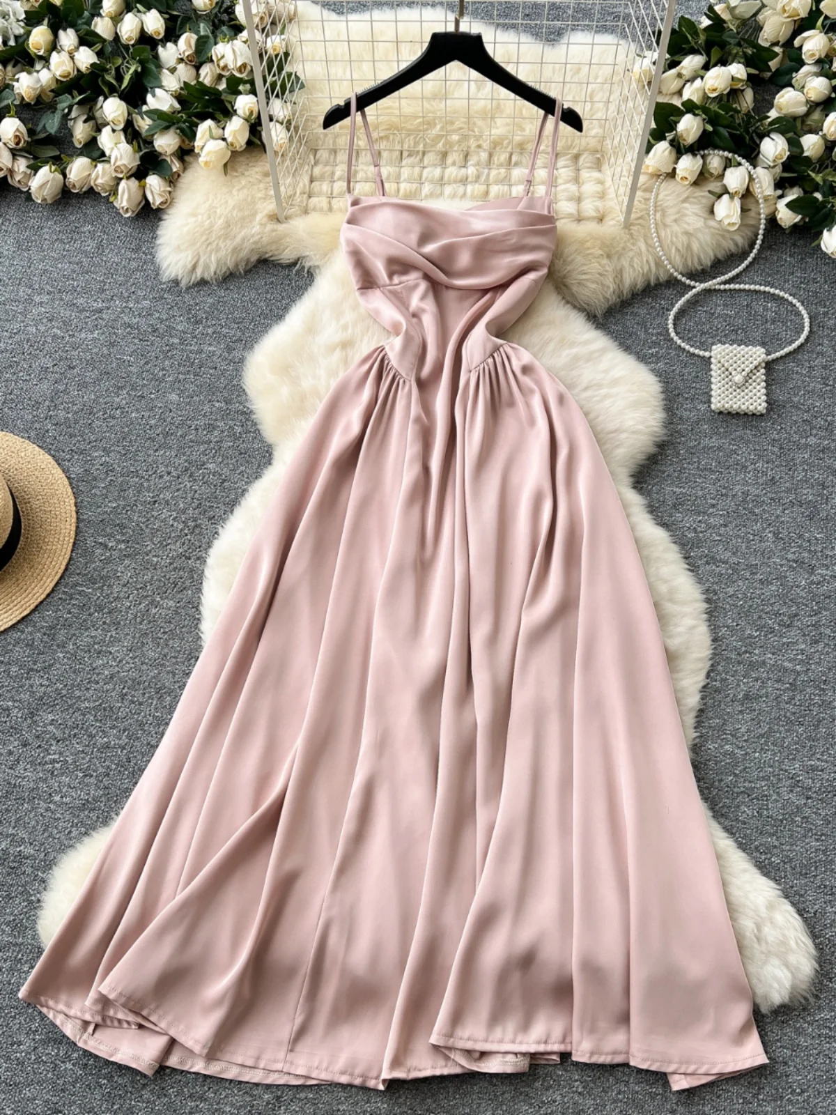 Ele Abito con cinturino a pieghe Abito estivo da donna dimagrante in raso Dr Vita alta A-Line ort Sve Midi Dr