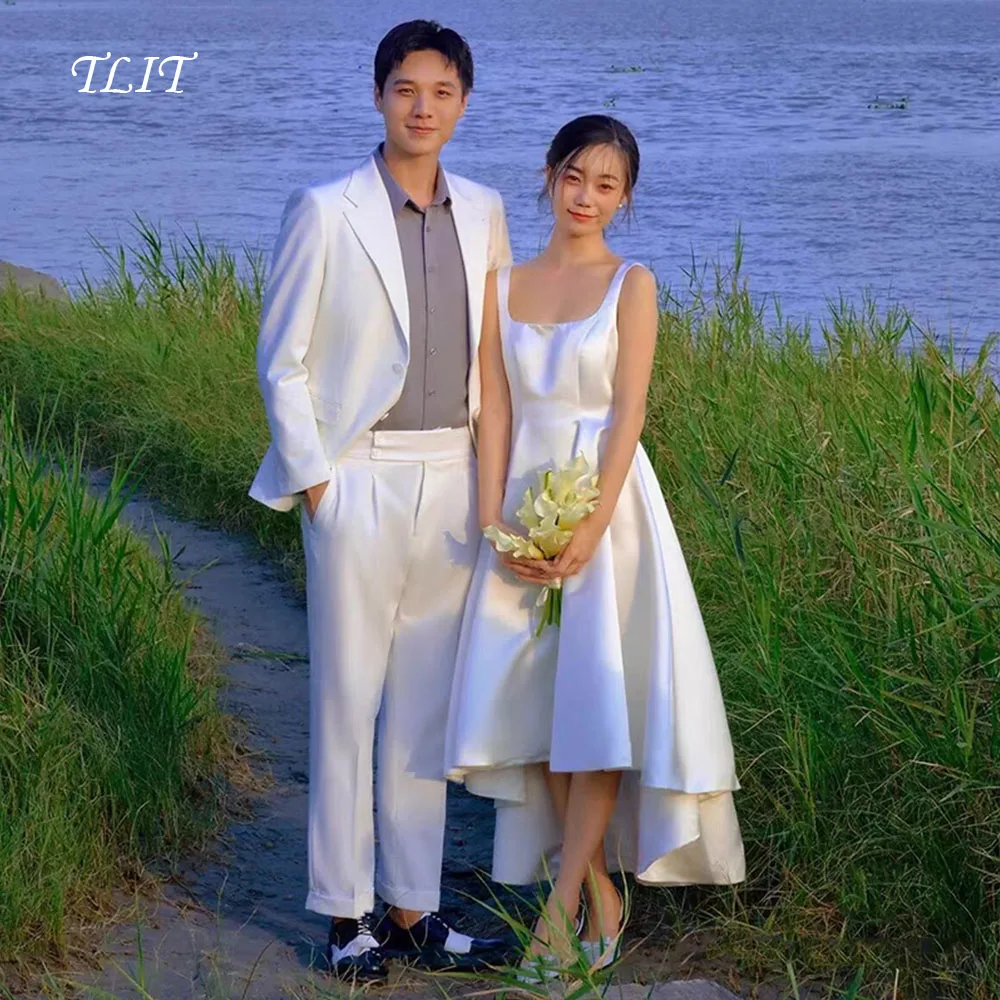 

TLIT Elegant Silk Satin HI-LO Wedding Dress Wide Spaghetti Strap Bridal Gowns Korea Wedding Dress Photos Shoot Customized 웨딩드레스