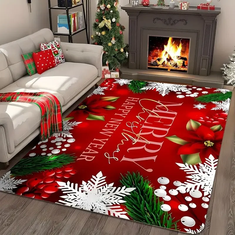 VIKAMA Merry Christmas Happy New Year Poinsettia Carpet Washable Soft Plush Rug Living Room Bedroom Floor Mat Xmas Decor