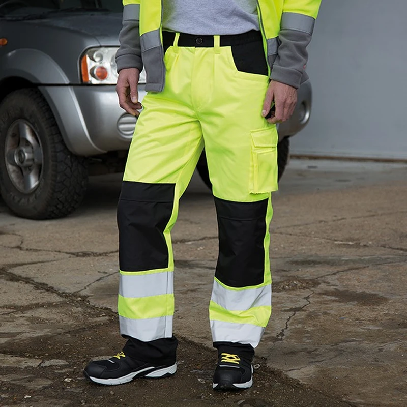 Reflective Pants Men Cotton Multi Pockets Construction Work Pants for Men Ouddoor Road Workwear Safety Cargo Pants