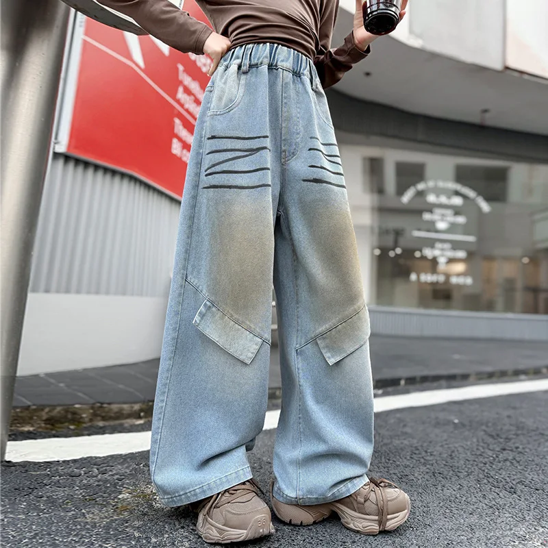 

Teenager Girls Denim Pant Autumn Korean Retro Contrast Color Kids Girls Wide Leg Pant Elastic Waist Children Girls Jean