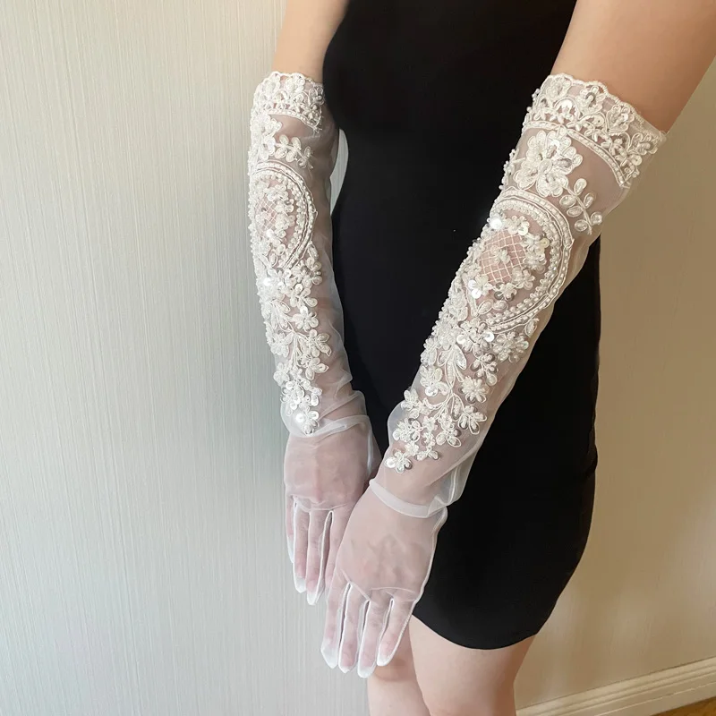 Guantes de malla con bordado de flores, decoración tridimensional, MilkyWhite, cuentas de HandmadeSewing, accesorios de encaje transparente, modelado