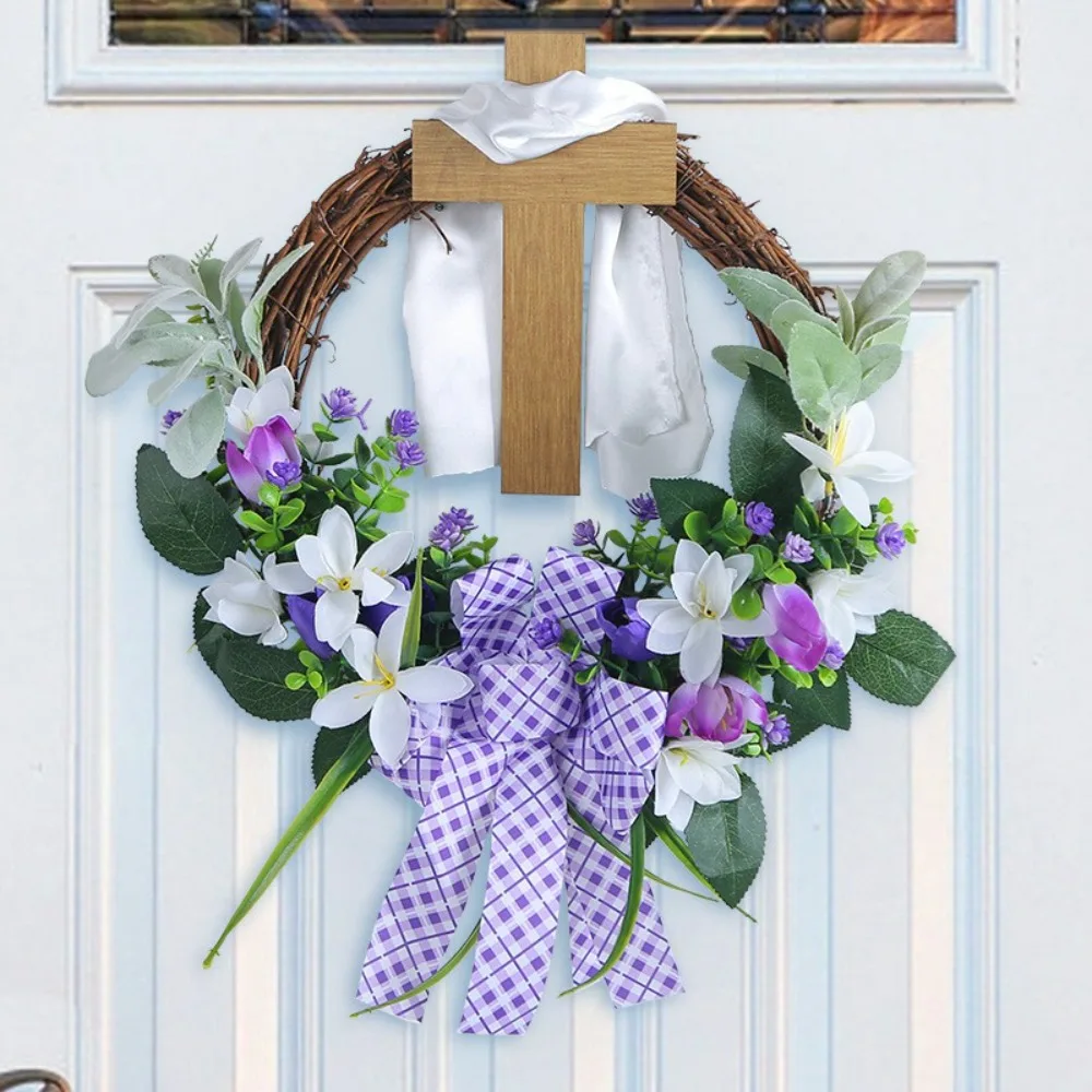 

New Easter Cross Wreath With Bow Rattan Ring Garland Hanging Ornament For Home Front Door Wall Garden Decoration Art Gift