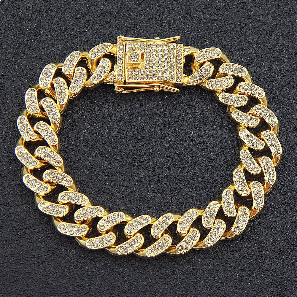 Miami Cuban Link Chain Bracelet for Men 13mm Wide Hip Hop Bling Diamond Jewelry Rapper Accessory