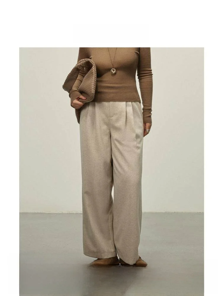 

Плюсленькие кубинские карамельные шерстяные твидовые брюки премиум-класса, атласные широкие брюки для похудения, плиссированные деловые брюки для женщин