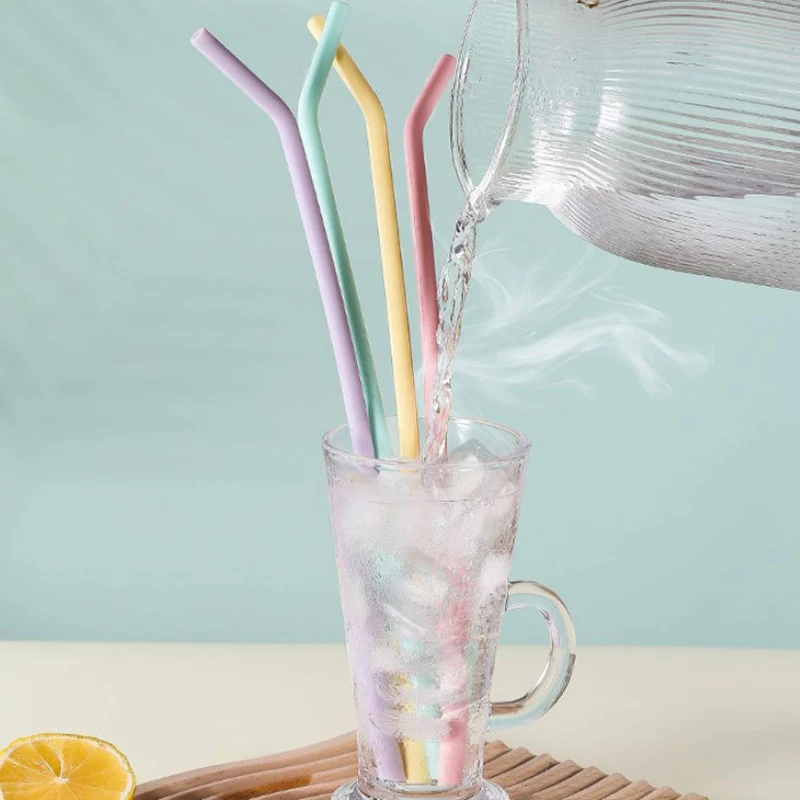 

4Pcs Food Grade Colorful Silicone Straws For Children Drinking Water Drinks, Juice Curved Straws, Reusable Cocktail Straws