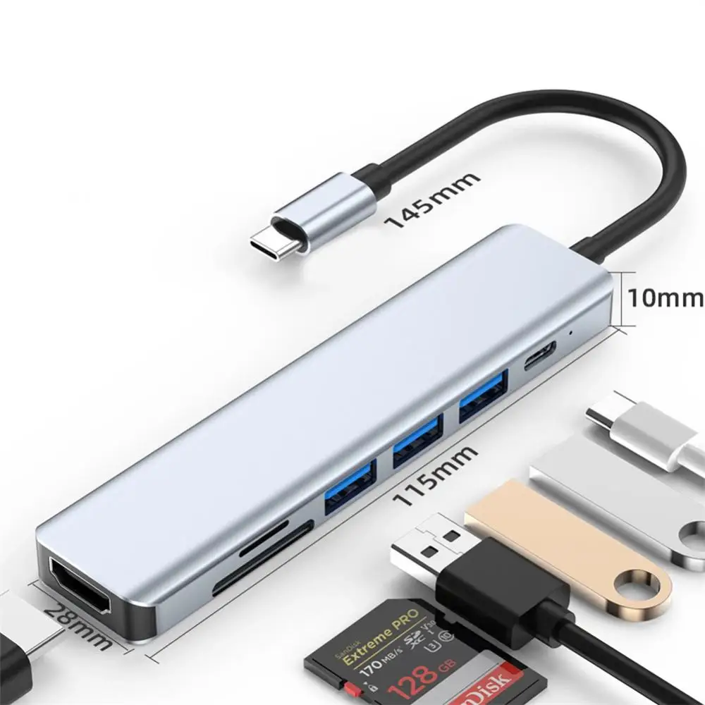 7 in 1 타입 C USB 허브, 7 in 1 타입 C, 4k, 30hz, USB 분배기, 모든 타입 C 채널 컴퓨터 지원, HDMI 호환 가능