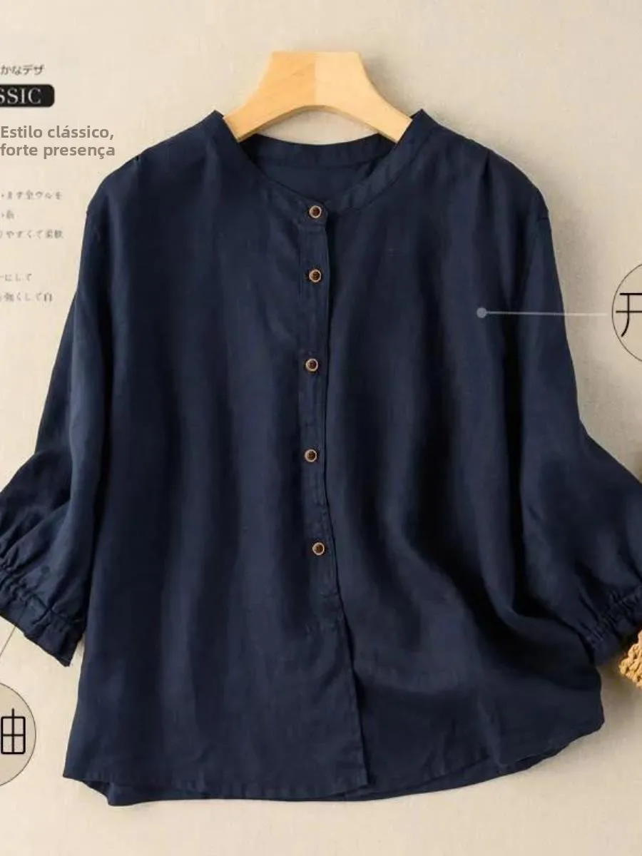 ルーズコットンリネンシャツ女性の無地ラウンドネック5袖春夏新スタイル薄いポケットハンカチ