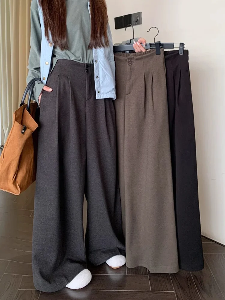 

Pleated Casual Pants For Women 2024 Winter High Waisted Loose Woolen Wide Leg Pants Floor Length Pants