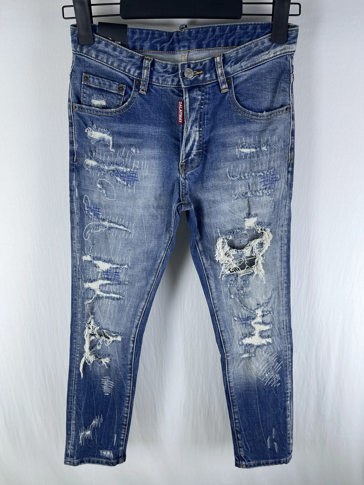 

6065 Four Seasons New D2 Jeans Men's Fashion Trend Slim Fit Ripped Patch Heavy Work Old Blue