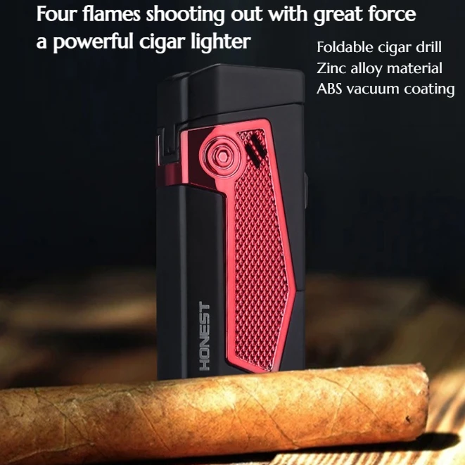 

High-end Metal Anti-wind Inflatable Cigar Lighter Four Flames Shooting Out Great Power Featuring Folding Cigar Holder Lighters