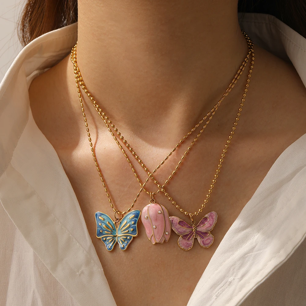 Stainless Steel Pink Blue Enamel Flower Butterfly Pearl Pendant Necklace Lady New Trend Neck Chain Jewelry Gift