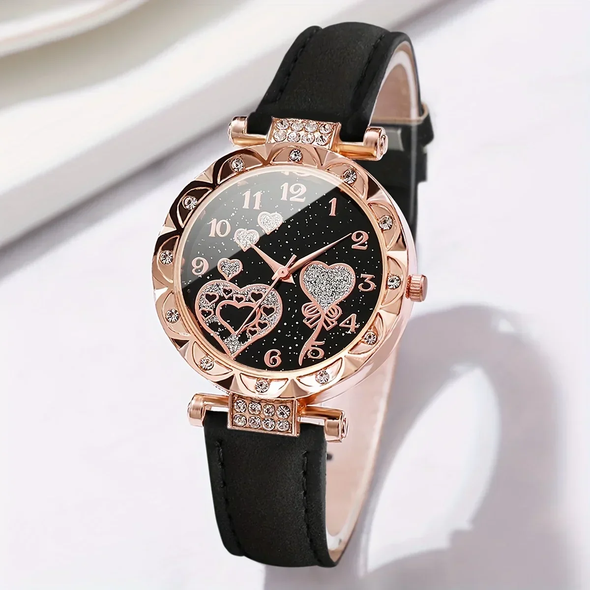 3pcs Chic Women'S Quartz Watch Set With Rhinestone Heart Dial & Pu Leather Straps - Casual Style, Round Case