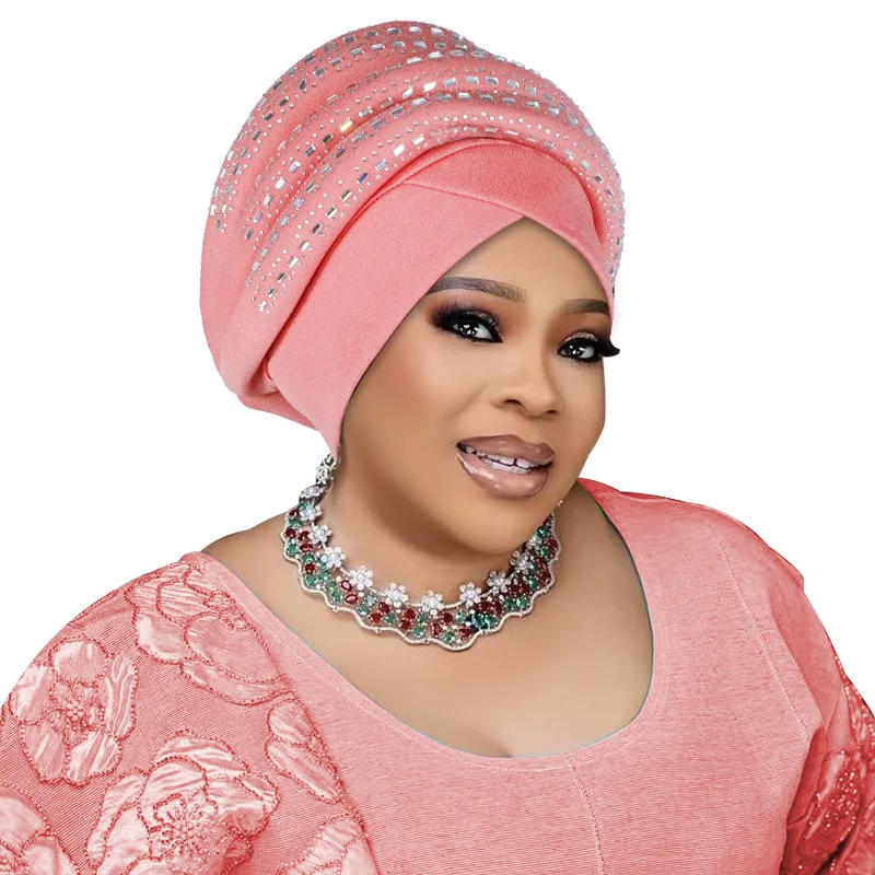 

Diamonds Turban Cap Cross Hijab for Women African Auto Gele Headtie Muslim Hijab Bonnet Turbante Mujer Head Wrap Nigeria Wedding